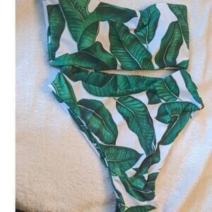Palm Leaf Print Bikini Medium, High Wasted Bottoms, Tube Top
